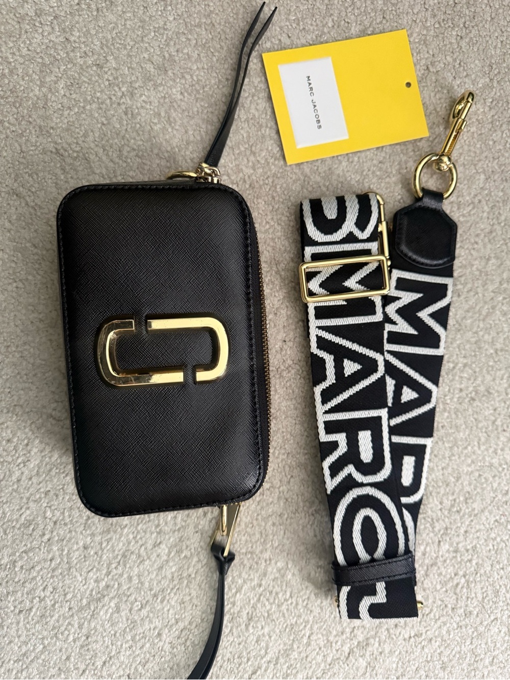 Marc Jacobs Black Leather Camera Wallet with Black & White Logo Strap